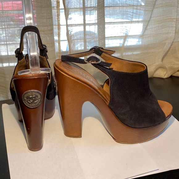 CHANEL, Shoes, Chanel Black Suede Strap Brown Platforms Heels Clogs Open  Toe Size 7